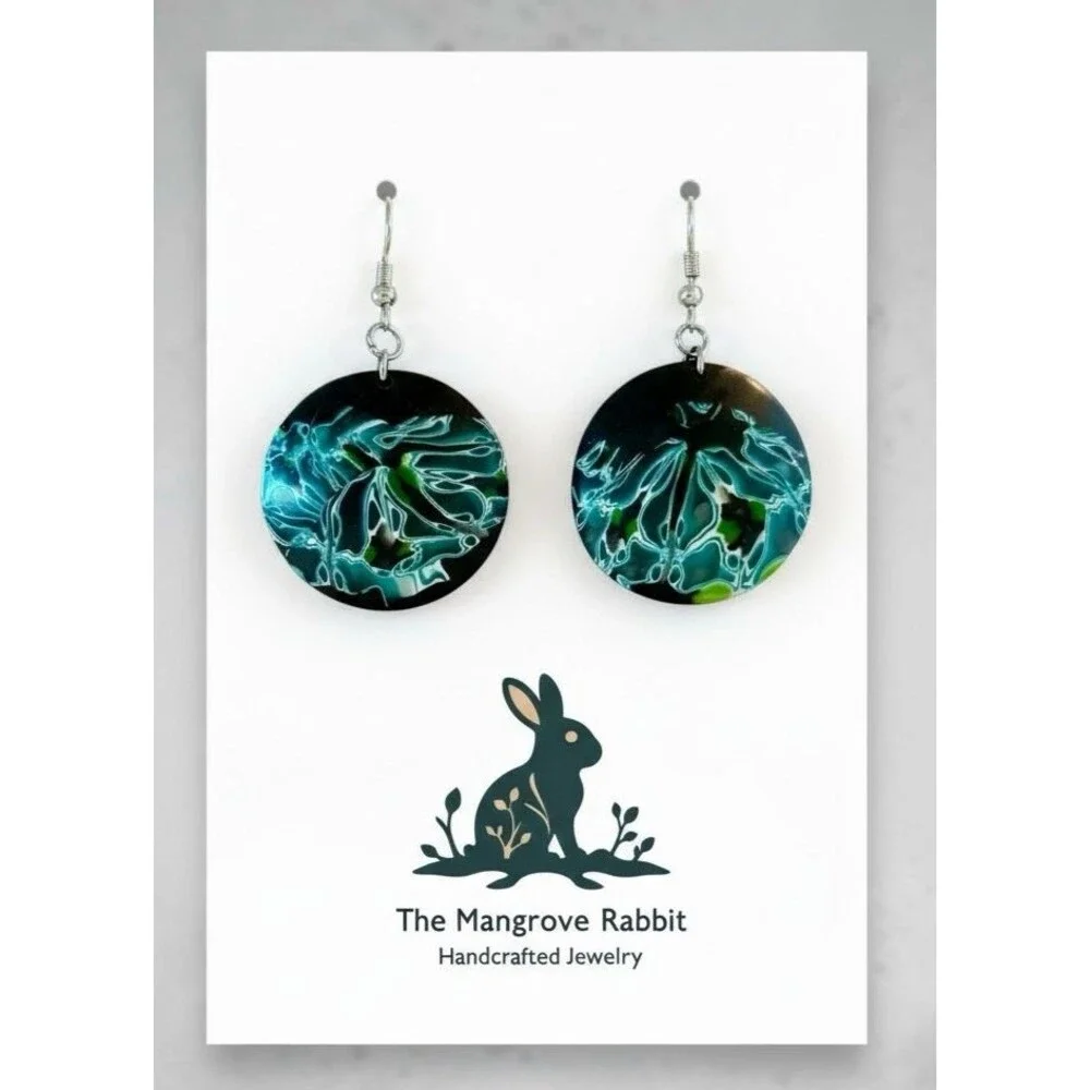 Handmade Blue & Black Abstract Floral Polymer Clay Pendant Necklace Earring Set